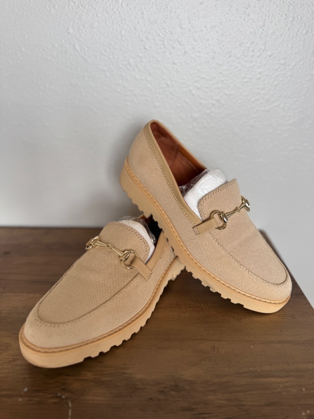Franco Sarto Balin Lug Sole Loafers Beige Raffia Horsebit Platform 8 preppy chic